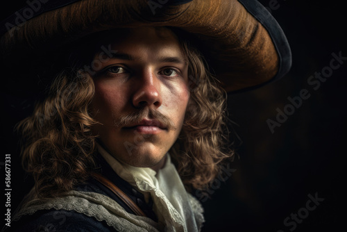 A Portrait of an attractive Musketeer. Black background. Created with Generative AI, no one recognisable. Not a real person. photo