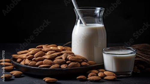 Glass of almond milk with illuminated background.. International milk day.