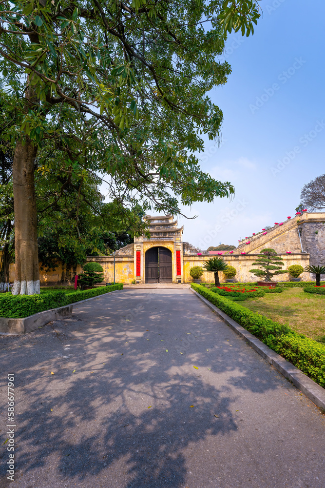 view inside of Imperial Citadel of Thang Long in Hanoi, Vietnam, the main gate (called as Doan Mon), Kinh Thien palace. Travel and landscape concept.