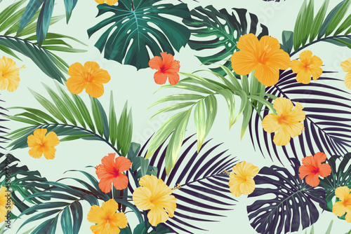 Tropical pattern with green palm leaves and hibiscus flowers. Summer bright vector background or textile illustration.