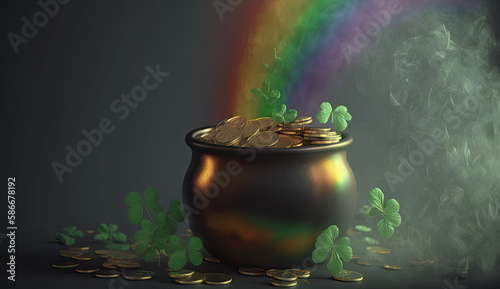 Celebrating St. Patrick's Day with a Pot of Gold and Clover Leaves Created Using Generative Ai