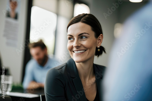 Business people having fun, smiling woman chatting at workplace office, Group colleagues sitting next to each other in an office. Illustration. Generative AI