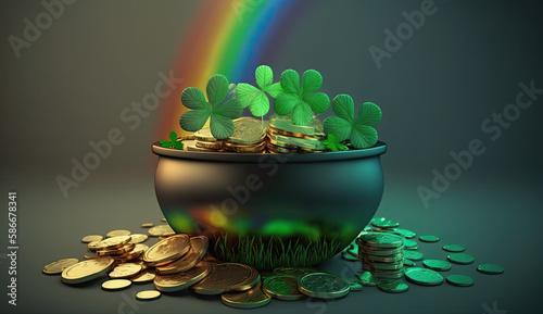 Pot of Gold Coins, Clover Leaves, and a Rainbow for St. Patrick's Day Created Using Generative Ai