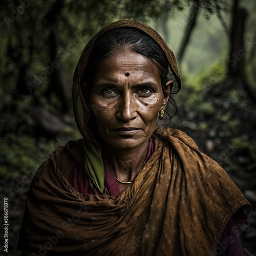 An Indian Village Woman's Portrait in the Lush Forests of Himachal Pradesh Created Using Generative Ai