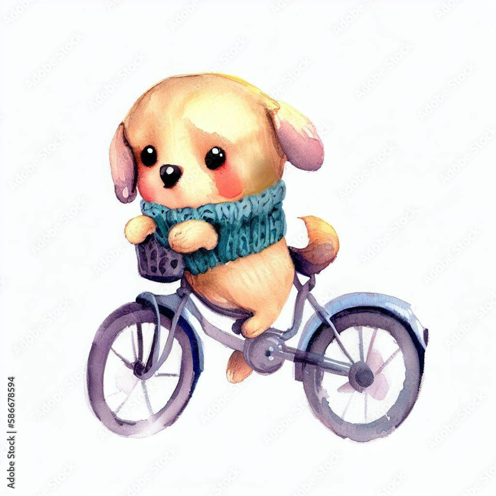 watercolor sketch illustration of adorable knitted baby dog ​​on a bicycle, art for children's book, digital art, concept, Generative AI