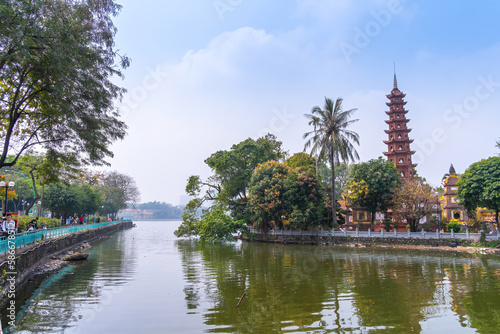 view of Tran Quoc pagoda in the morning, the oldest temple in Hanoi, Vietnam. Travel and landscape concept.