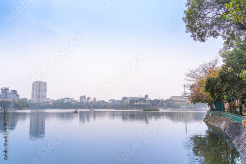 West lake and Truc Bach lake in foggy morning, Hanoi city, Vietnam. Travel and landscape concept. © CravenA