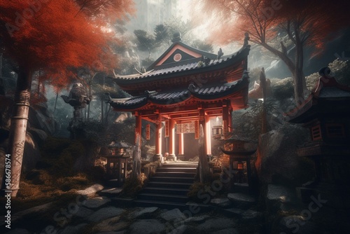 Canvas Print Fantasy japanese shrine with windows view torii outside