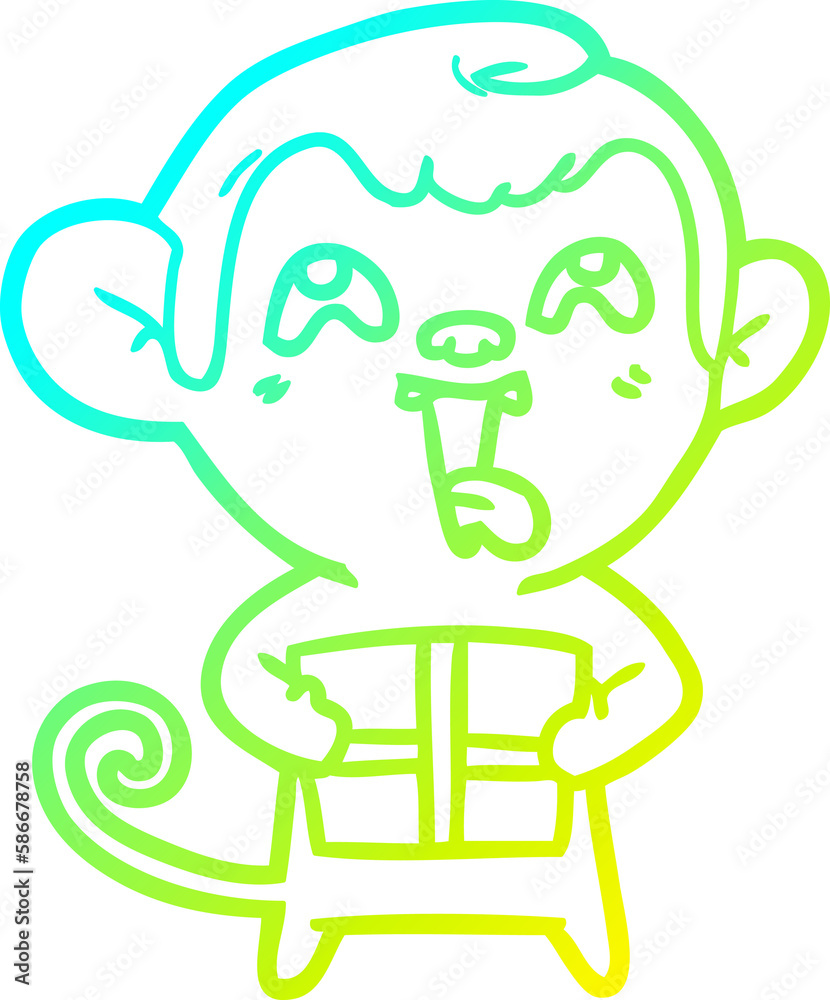cold gradient line drawing crazy cartoon monkey with christmas present cold gradient line drawing crazy cartoon monkey with christmas present