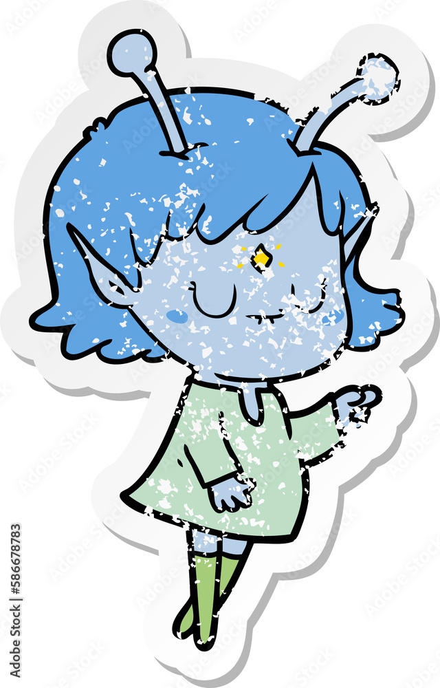 distressed sticker of a cartoon alien girl distressed sticker of a cartoon alien girl