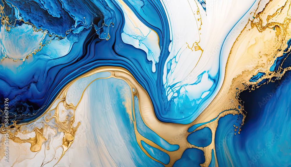 Abstract Blue and Gold Marbling with Watercolor Paint Texture Created Using Generative Ai
