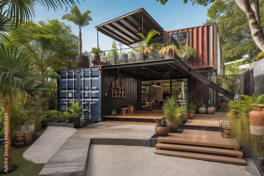 Sustainable container home design. Creative architecture using repurposed shipping containers for a stylish and eco-friendly living space