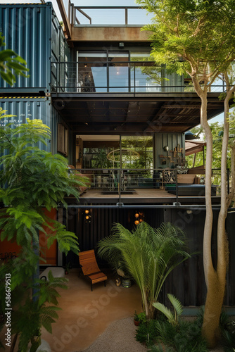 House made of containers with tropical plants decorating the place. Creative architecture using repurposed shipping containers for a stylish and eco-friendly living space. © Gabi