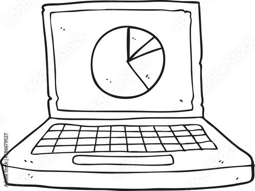 black and white cartoon laptop computer with pie chart photo