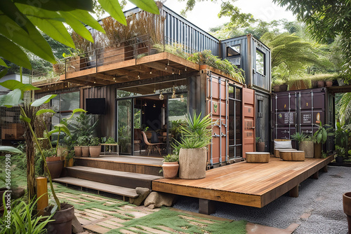 Sustainable container home design. Creative architecture using repurposed shipping containers for a stylish and eco-friendly living space © Gabi