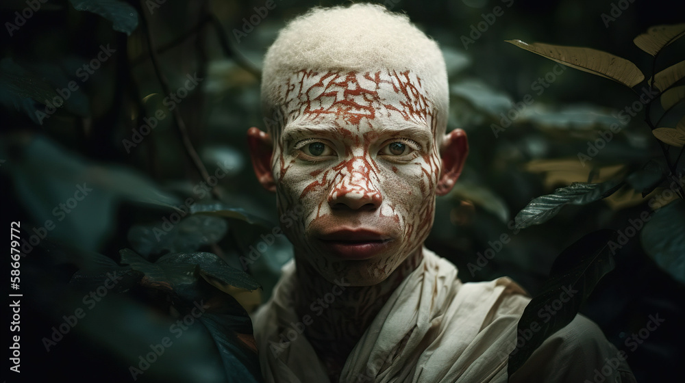 Portrait of young Aboriginal albino. Aboriginal albino is trying to hunt among the leaves of the jungle.