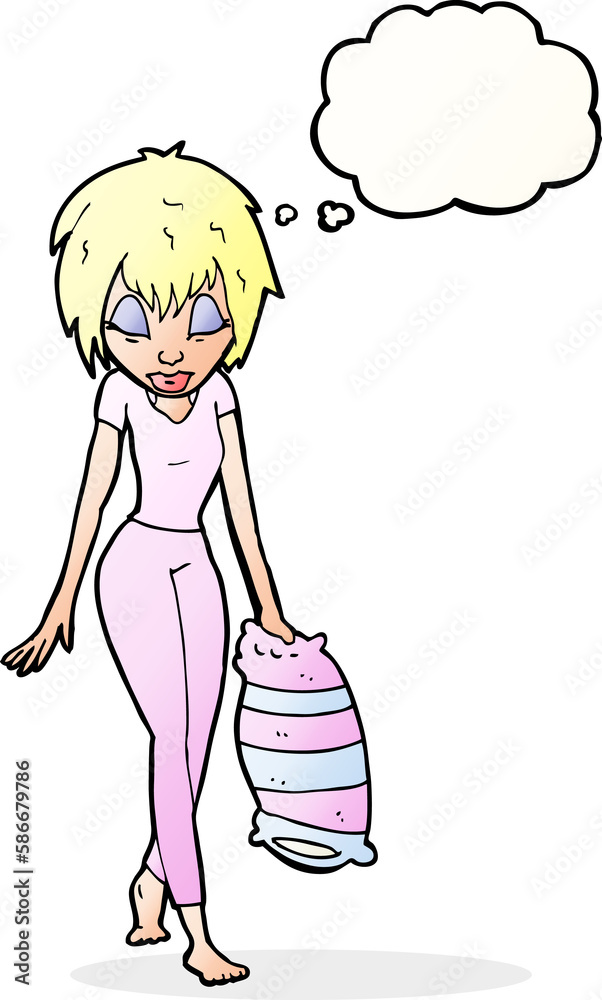 cartoon woman going to bed with thought bubble cartoon woman going to bed with thought bubble