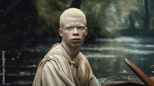 Unforgettable portrait of an albino indigenous. Albino sailing on a raft in a wild river © Gabi