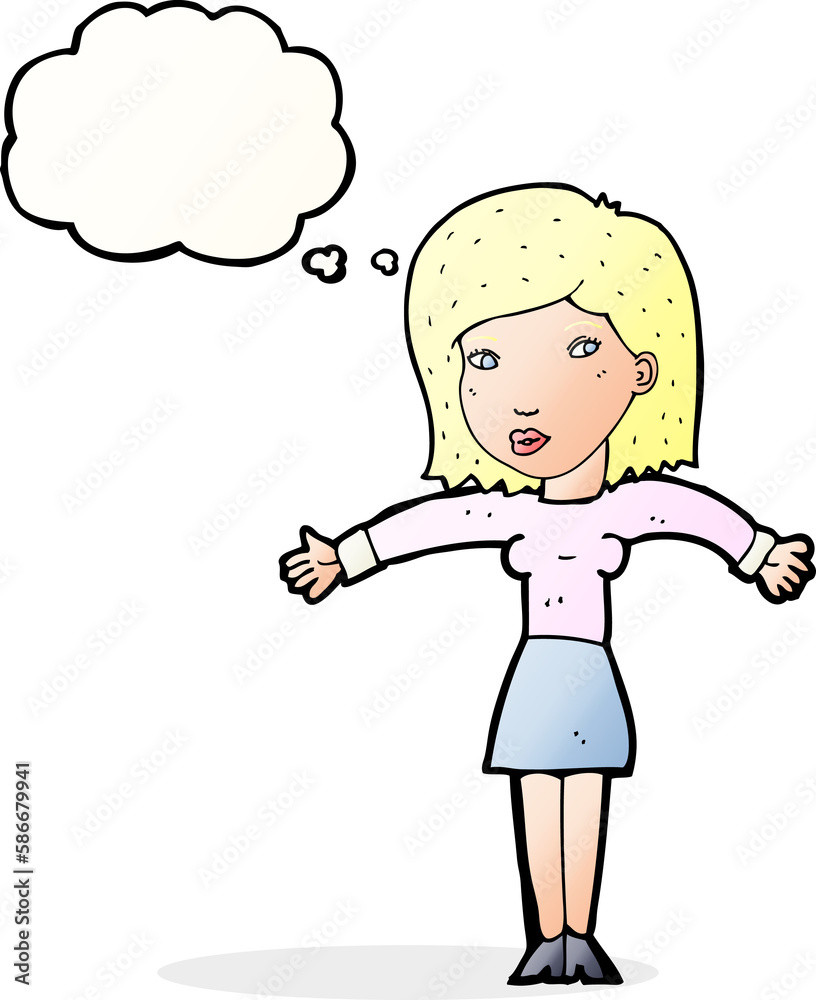 cartoon woman shrugging shoulders with thought bubble cartoon woman shrugging shoulders with thought bubble