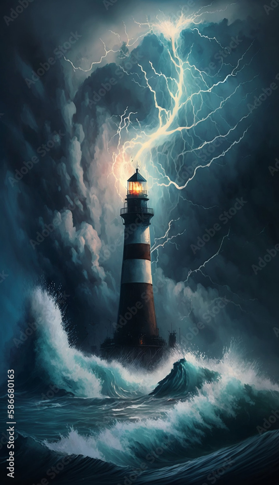 Beacon of Hope: Lighthouse Amidst the Storm. Ai generative