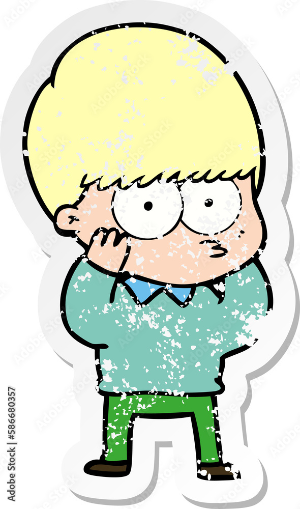 distressed sticker of a nervous cartoon boy