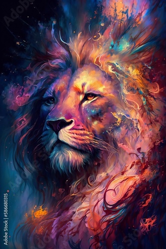 Cosmic Elegance: Oil Painted Lion's Pride. Ai generative