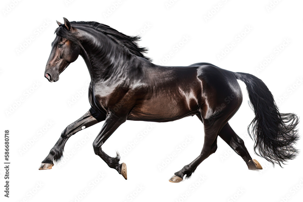an isolated dark brown and black horse running, jumping, side view portrait, equestrian-themed photorealistic illustration on a transparent background cutout in PNG, Generative AI