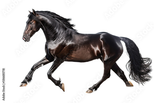 an isolated dark brown and black horse running  jumping  side view portrait  equestrian-themed photorealistic illustration on a transparent background cutout in PNG  Generative AI