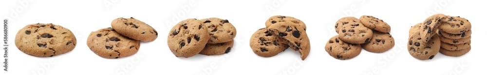 Tasty chocolate chip cookies on white background, collage design
