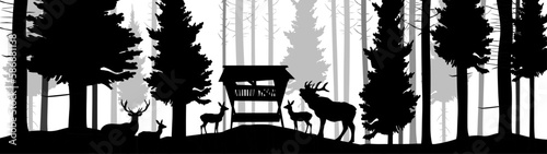Black silhouette of wild animals, deer and deer family at feeding station in the forest landscape panorama illustration icon vector for adventure hunting wildlife logo, isolated on white background