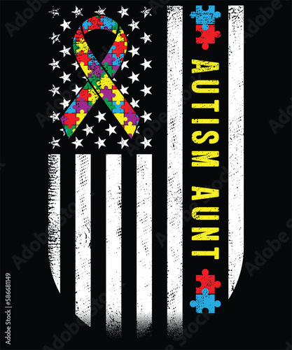 American Flag Aunt Autism Awareness Autistic T-Shirt design. Autism Awareness Day T-Shirt Design Template, Illustration, Vector graphics, Autism Shirt, T-Shirt Design. autistic design, autism awarenes