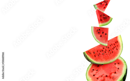 Collage with cut watermelon on white background. Space for text