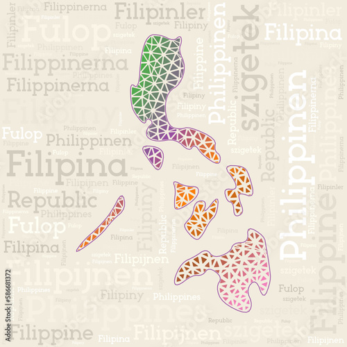 PHILIPPINES map design. Country names in different languages and map shape with geometric low poly triangles. Beautiful vector illustration of the Philippines.