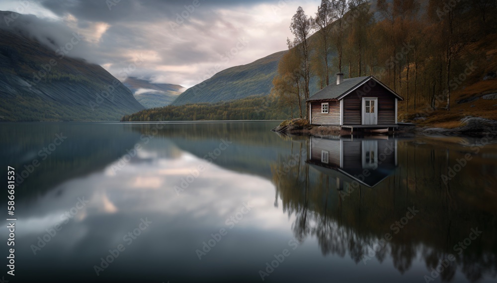 Fototapeta premium A tranquil morning view of a house reflecting in the glassy lake, surrounded by breathtaking nature and majestic mountains.