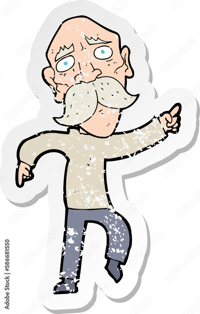 Obraz premium retro distressed sticker of a cartoon sad old man pointing