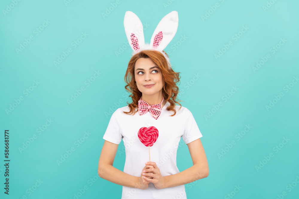 dreamy easter girl wear bunny ears hold heart lollipop dreamy easter girl wear bunny ears hold heart lollipop