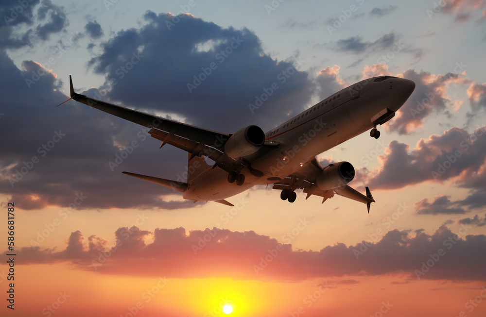 Plane in sky during sunset, low angle view Plane in sky during sunset, low angle view