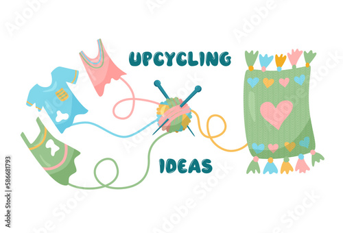 Vector cartoon illustration of upcycling process on white background. Idea to recycle old clothes to blanket and reduce waste. Ecological environmentally friendly idea to upcycle for design or concept