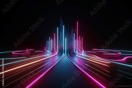 3D render of abstract futuristic neon background with glowing ascending lines.Generative AI