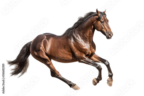 an isolated dark brown and black horse running, jumping, side view portrait, equestrian-themed photorealistic illustration on a transparent background cutout in PNG, Generative AI © Purple Penguin GFX