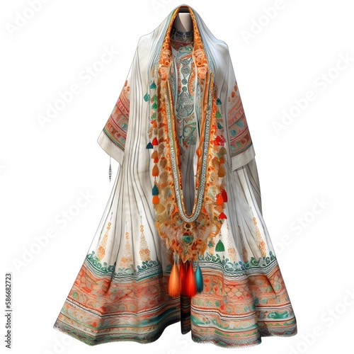 Digital art of a tradional Salwar Kameez, textured, and colourful on white background. Generative AI. photo