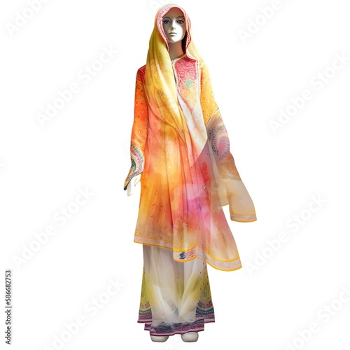 Digital art of a tradional Salwar Kameez, textured, and colourful on white background. Generative AI. photo