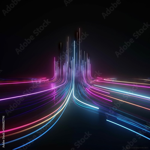 3D render of abstract futuristic neon background with glowing ascending lines.Generative AI