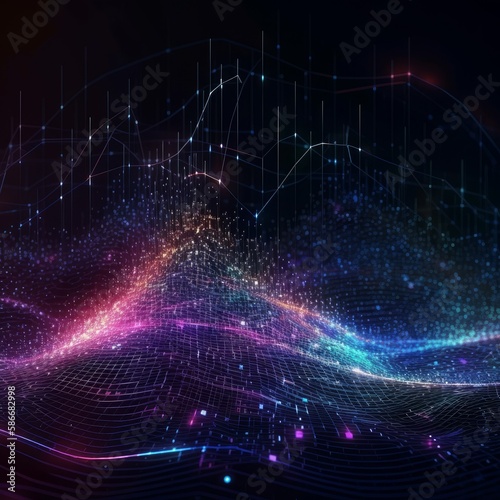 Cyber big data flow, blockchain data fields, network line connect stream, concept of AI technology, digital communication, science research, 3D illustration music waves, .Generative AI