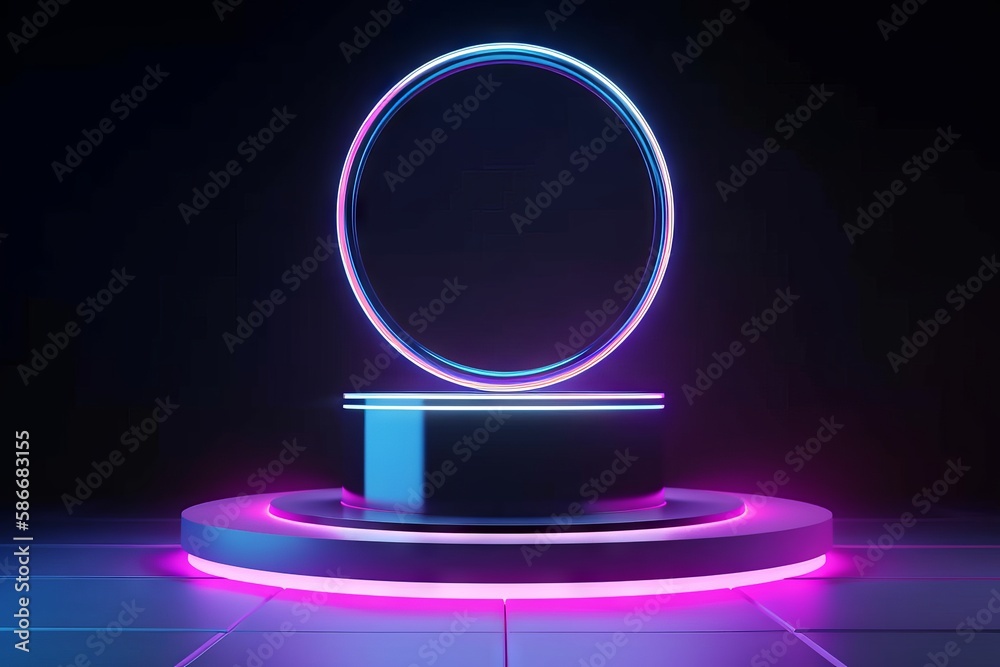Empty podium floating in the air with line gradient neon ring on background.Generative AI Empty podium floating in the air with line gradient neon ring on background.Generative AI