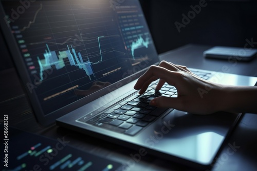 Business finance data analytics reimagined: advisor utilizing AI technology with KPI dashboard for data-driven decision making. Close-up of hand, typing keyboard, AI