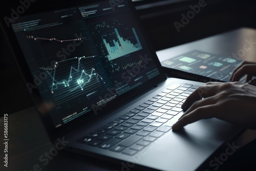 Business finance data analytics reimagined: advisor utilizing AI technology with KPI dashboard for data-driven decision making. Close-up of hand, typing keyboard, AI