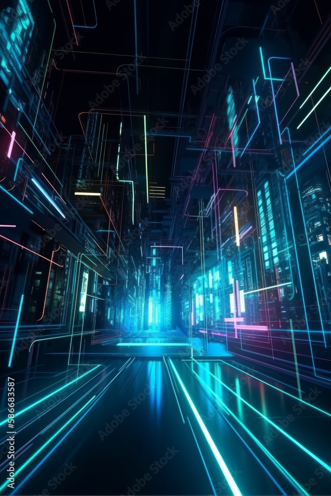 A lot of modern neon light moving high speed background.Generative AI A lot of modern neon light moving high speed background.Generative AI