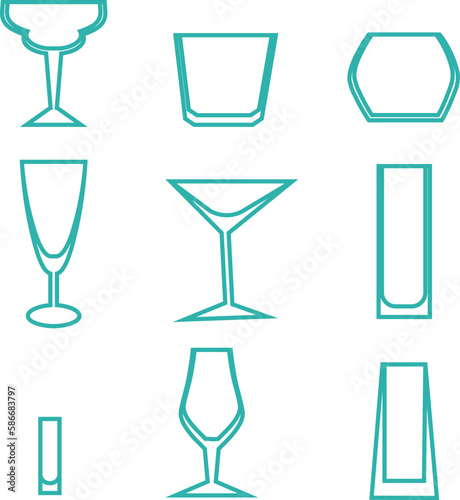 Set of different types of glasses. Tall long drink, Champaign, wine, whiskey, liquor, martini, beer. Hand drawn  style. vector