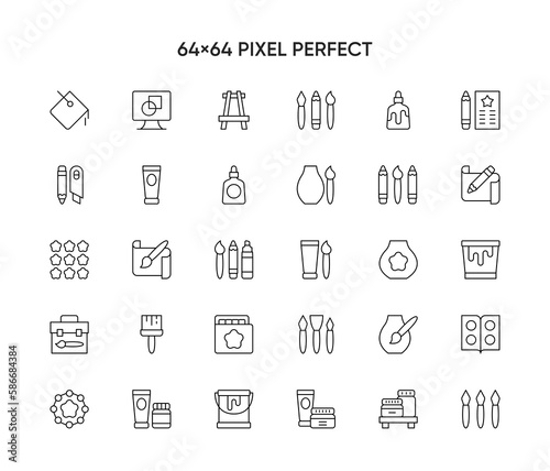  Set of Brushes and Painting Related Vector Line Icons. Contains such Icons as Spray, Color palette, Paint Bucket and more.